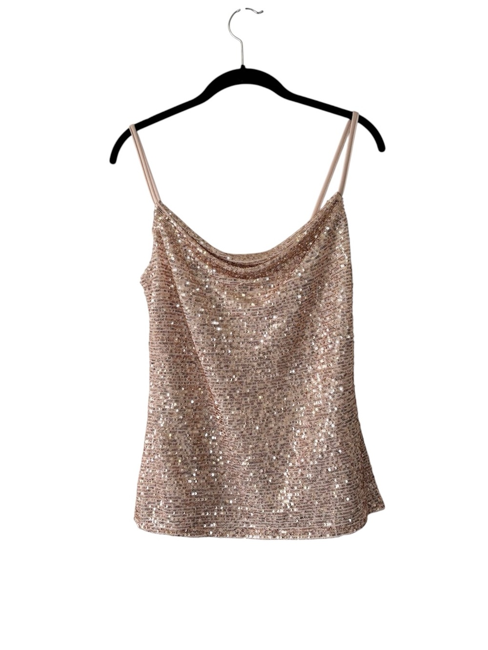 Vintage Y2K Sequin Cowl Neck Tank Rose Gold Festival Glam Fairy S